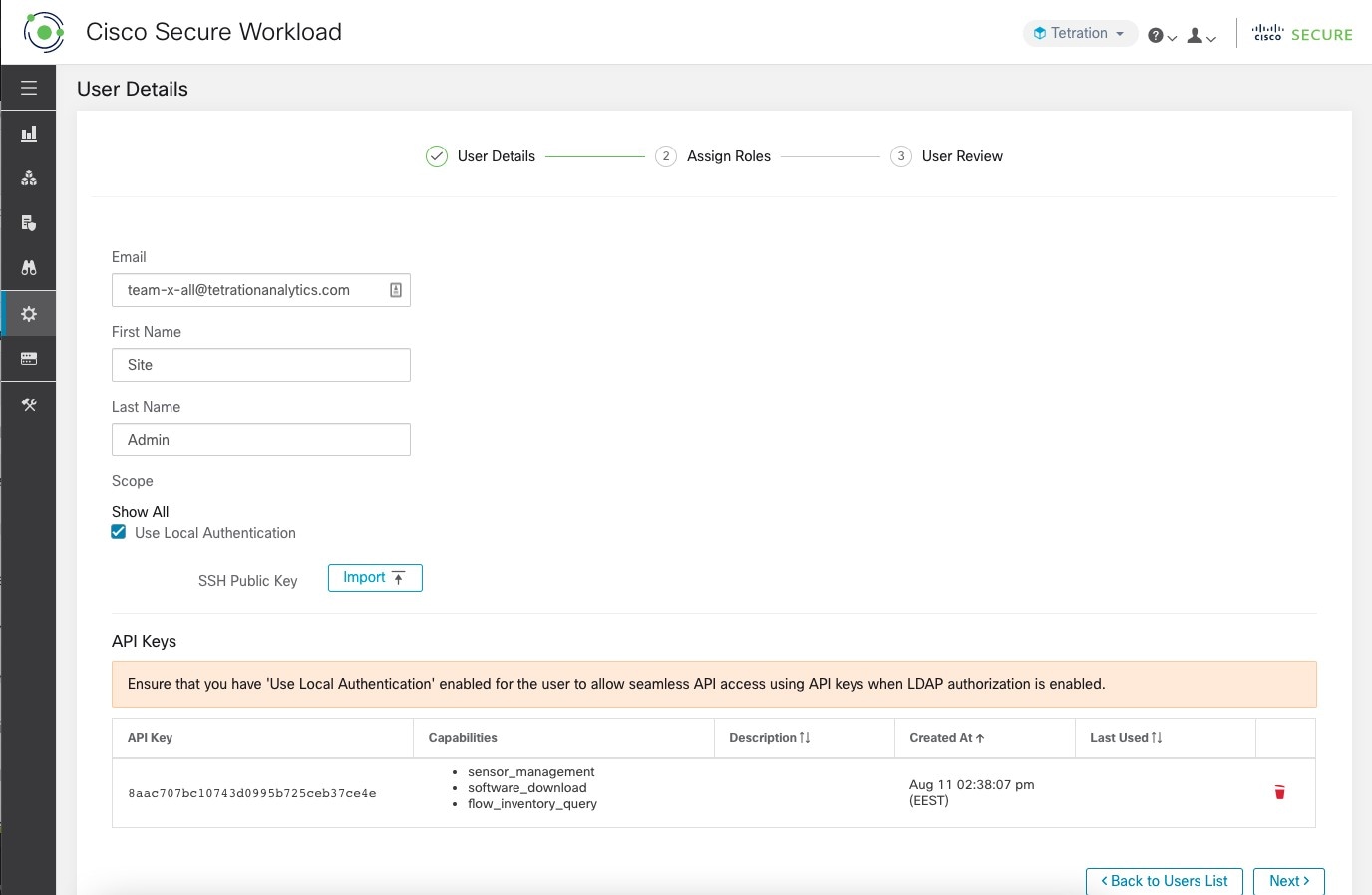 Avertissement lié à la clé API d’autorisation LDAP sur la page Users (Utilisateurs)