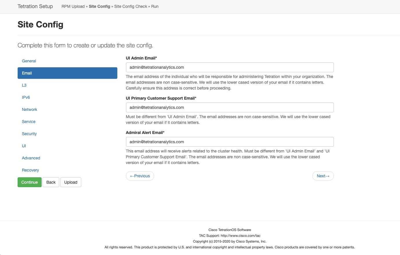 Configure UI Admin, Primary customer support, and Admiral admin alert emails