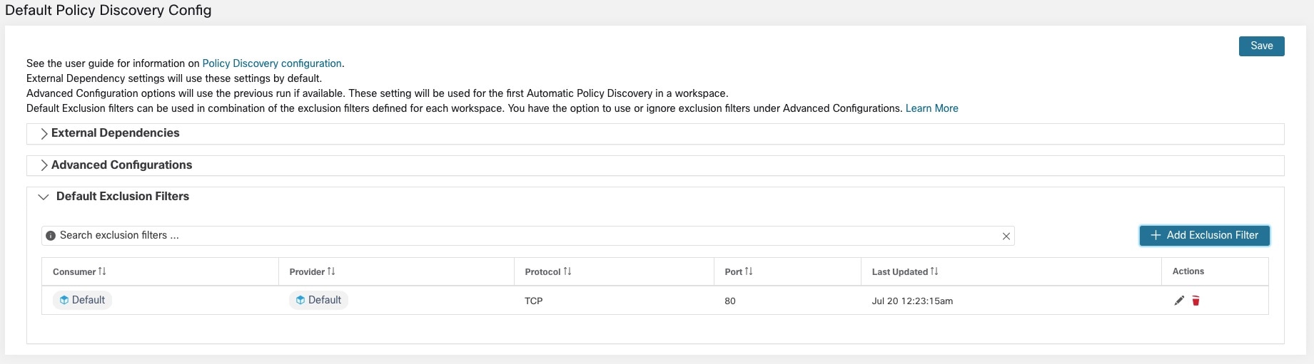 Default Exclusion Filters