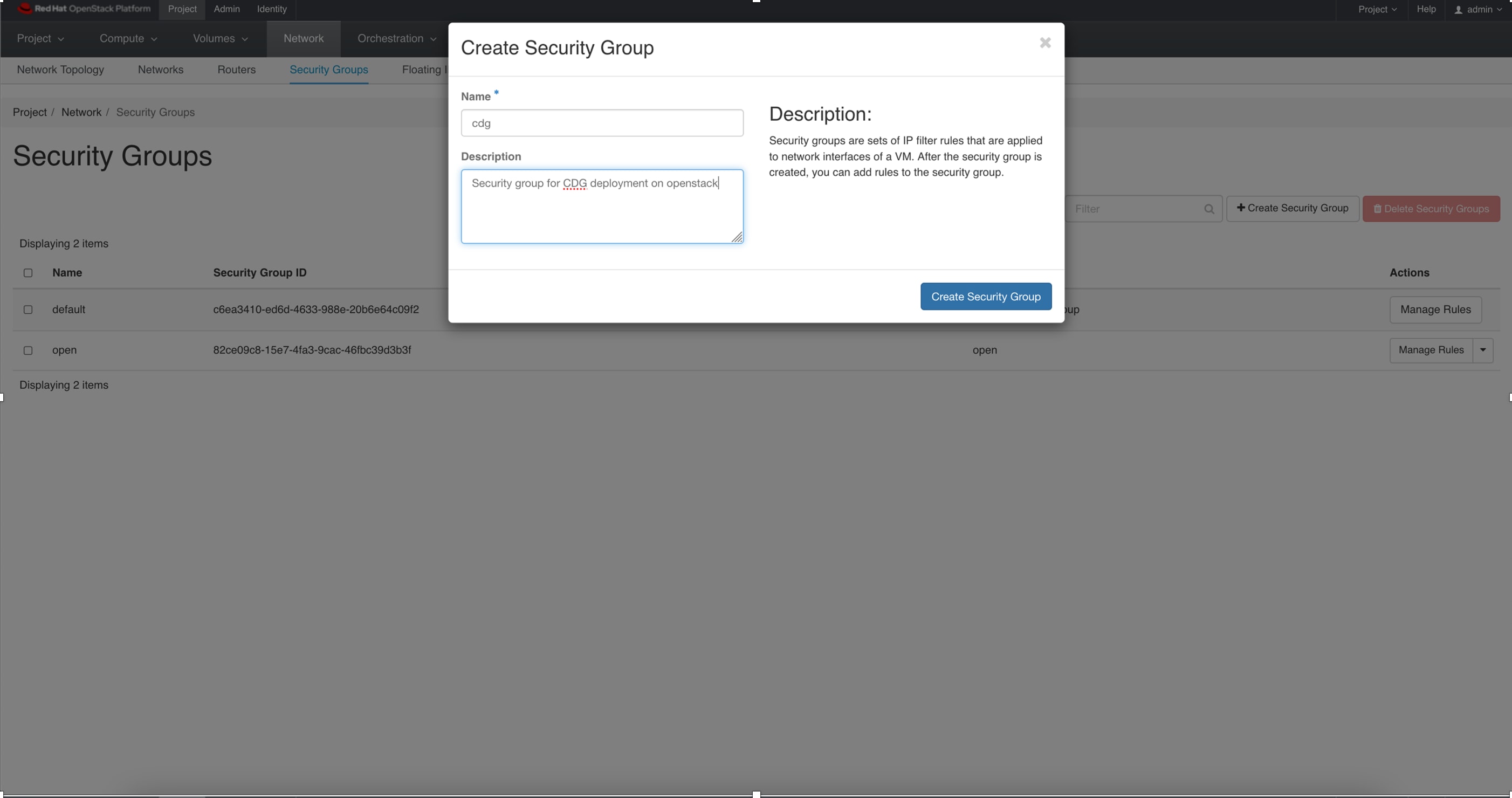 Create Security Group Window