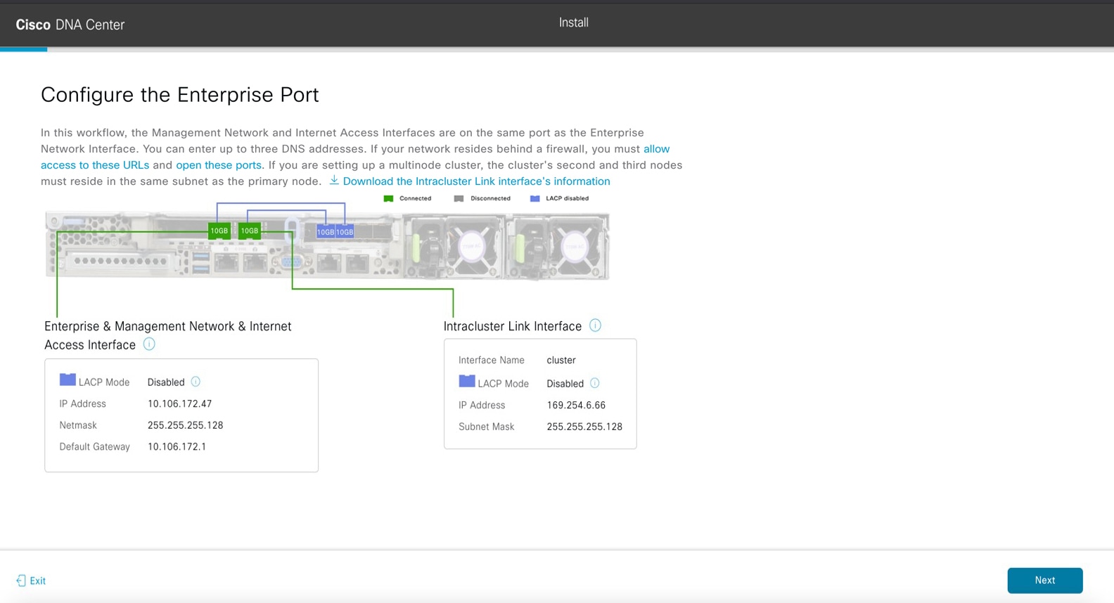 The Configure the Enterprise Port screen displays the step to set up the Enterprise, Management, and Internet Access interfaces on the Enterprise port.