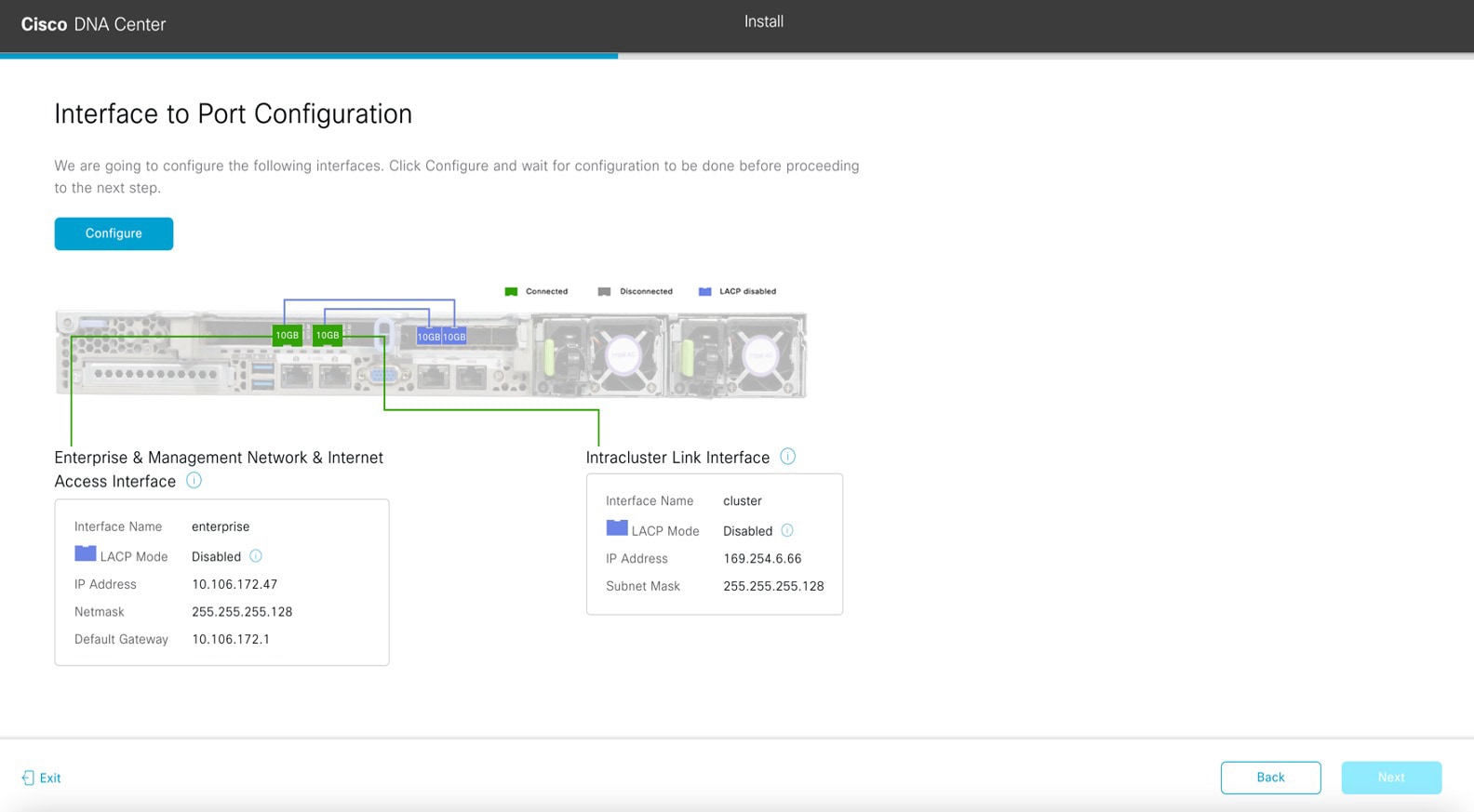 The Interface to Port Configuration screen displays the step to review the interface settings and then configure the interfaces.