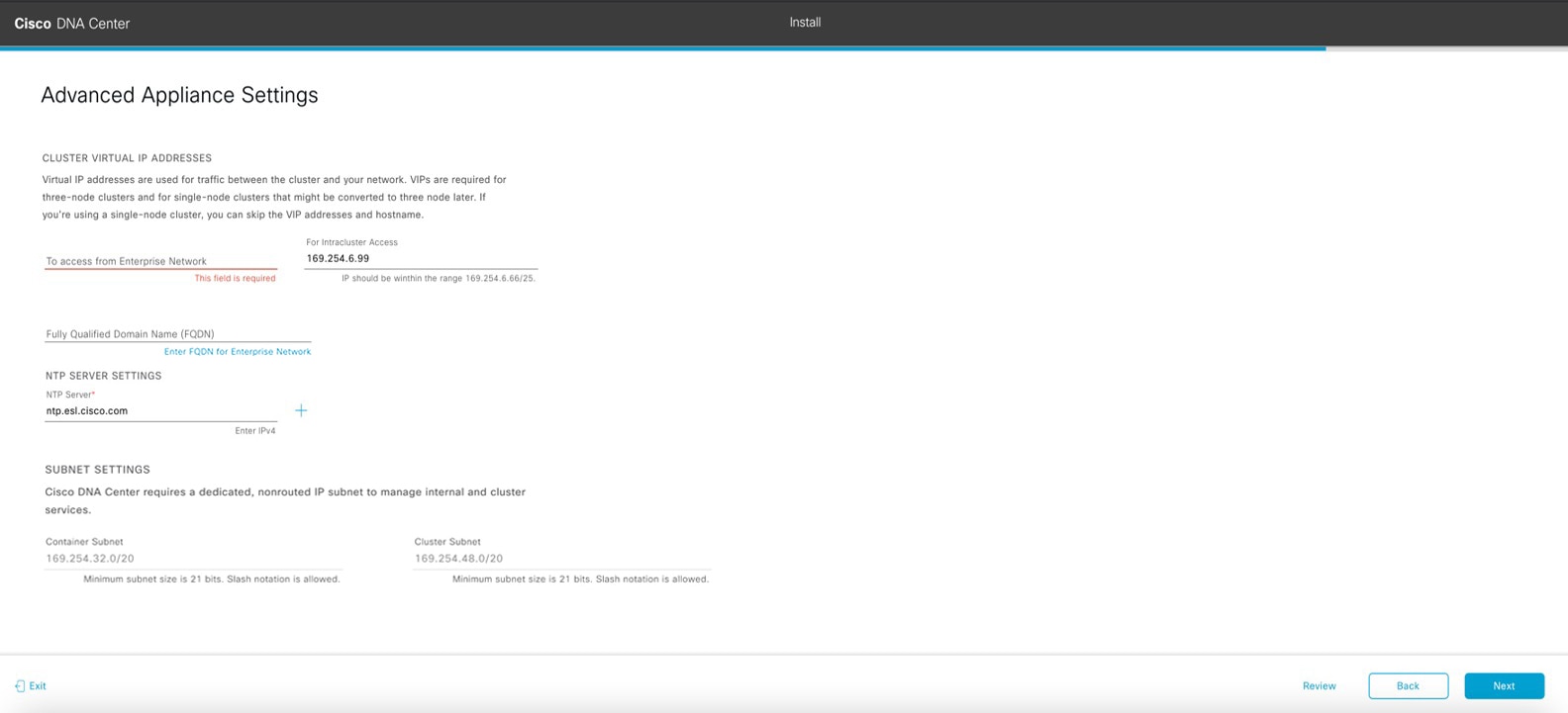 The Advanced Appliance Settings screen displays the step to enter configuration values for your cluster.