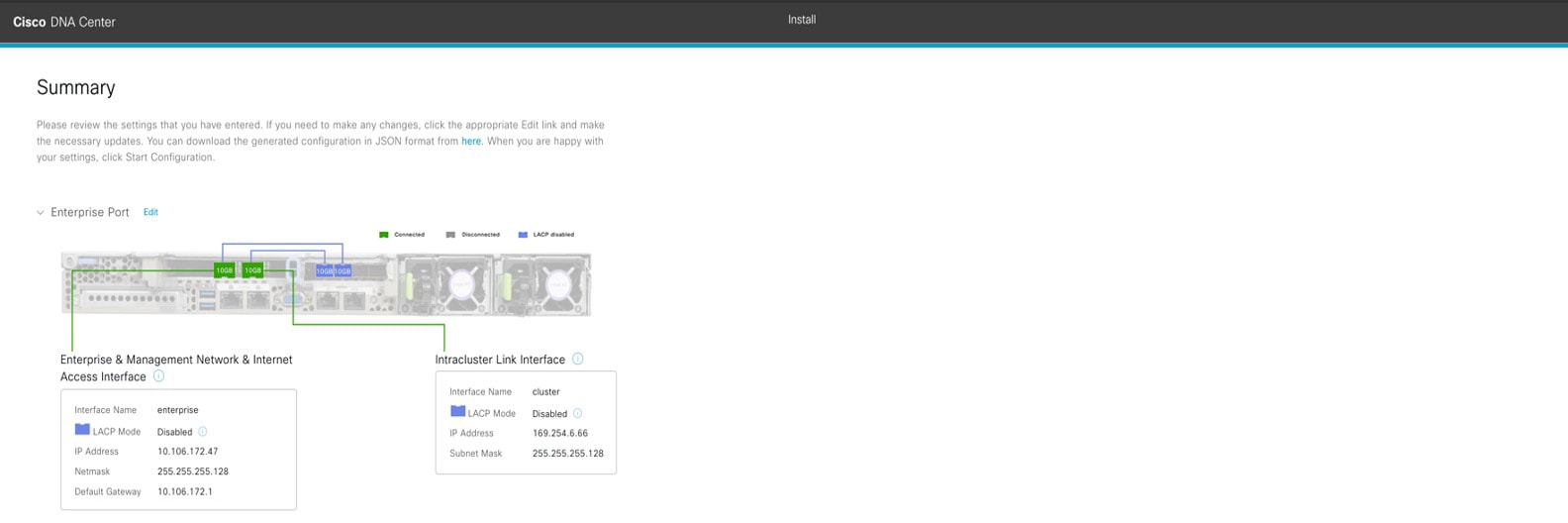 The Summary screen displays the step to review the entered settings before starting your appliance configuration.