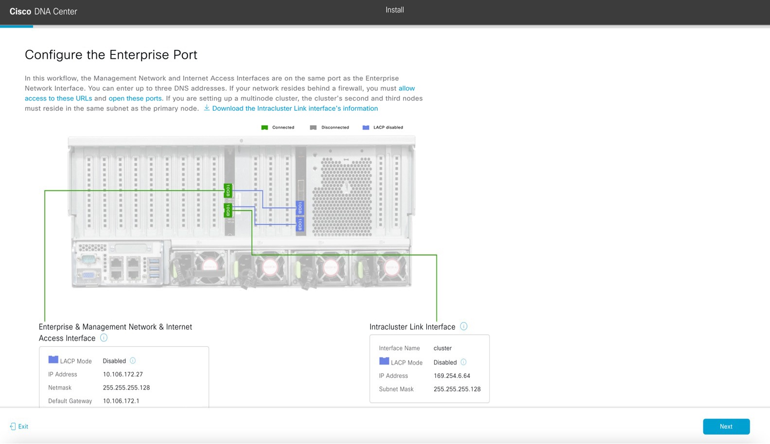 The Configure the Enterprise Port screen displays the step to set up the Enterprise, Management, and Internet Access interfaces on the Enterprise port.