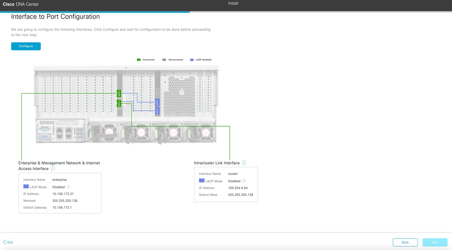 The Interface to Port Configuration screen displays the step to review the interface settings and then configure the interfaces.