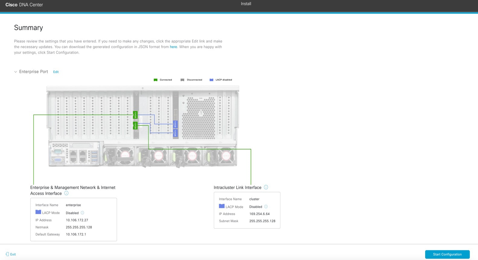 The Summary screen displays the step to review the entered settings before starting your appliance configuration.