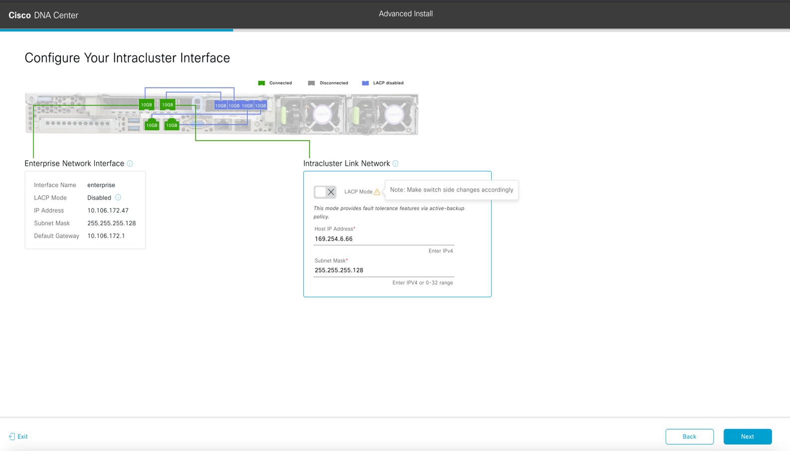 The Configure Your Intracluster Interface screen displays the step to enter configuration values for your Intracluster interface.