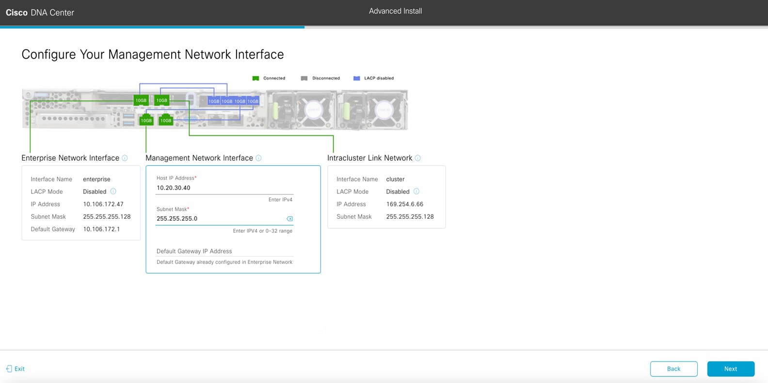 The Configure Your Management Network Interface screen displays the optional step to enter configuration values for the Management port.