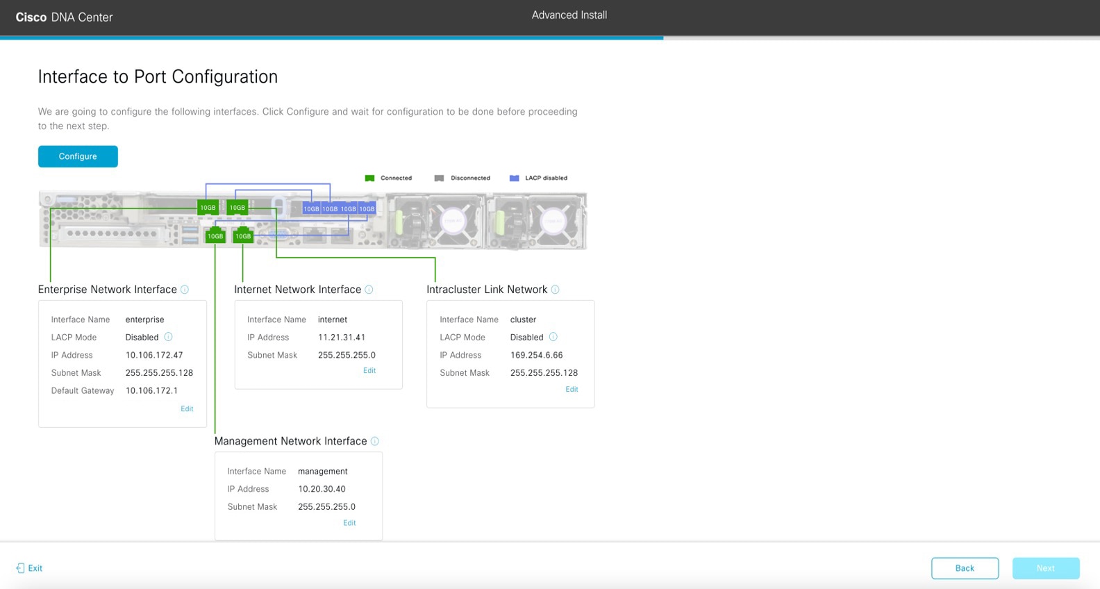 The Interface to Port Configuration screen displays the step to review the entered values for the primary node’s interfaces.