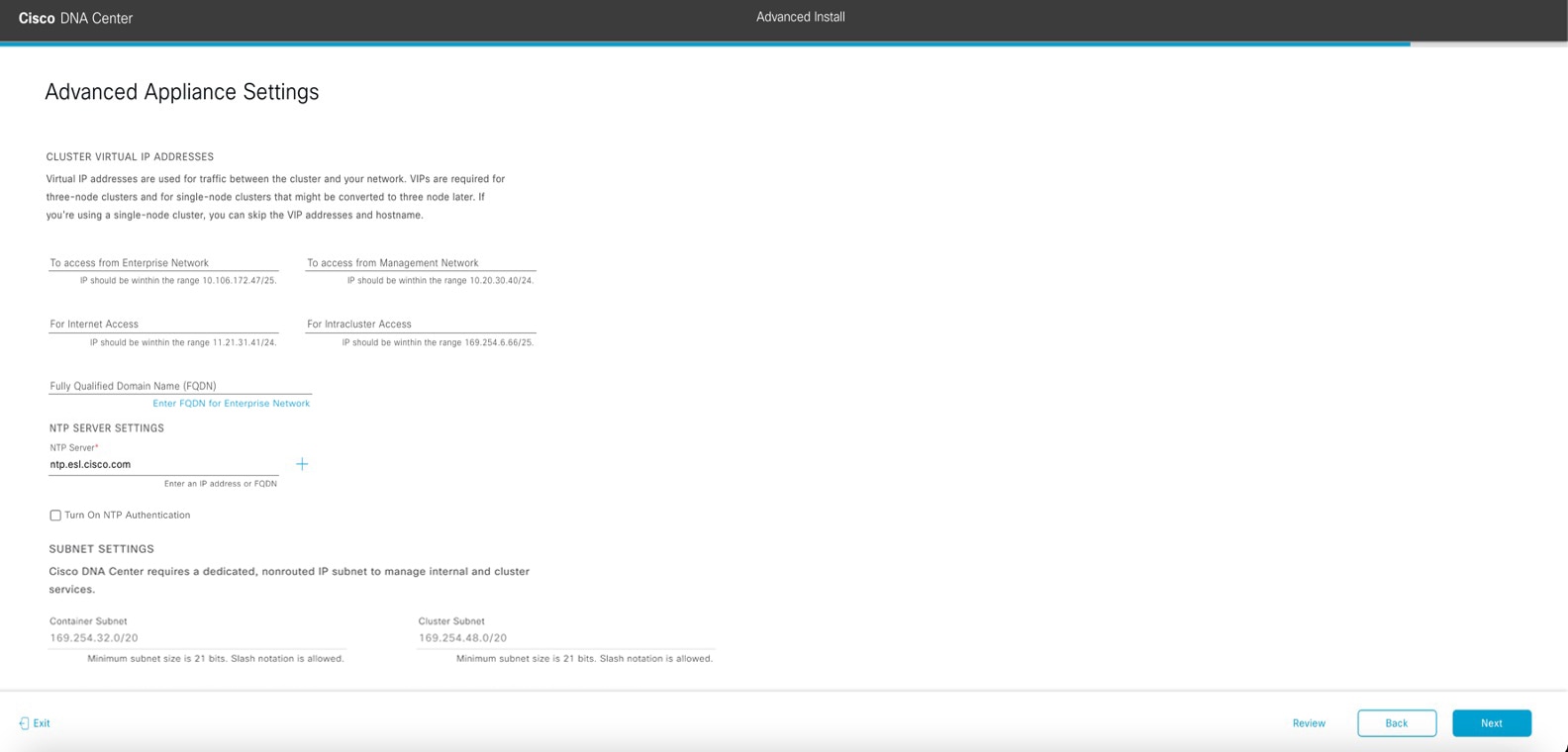 The Advanced Appliance Settings screen displays the step to enter configuration values for your cluster.