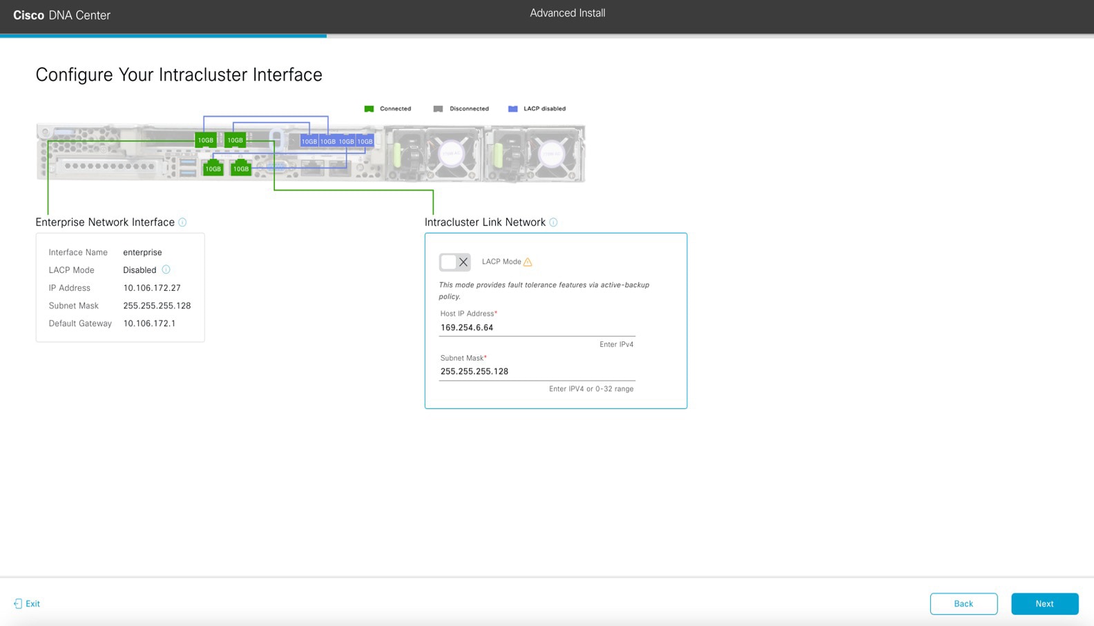 The Configure Your Intracluster Interface screen displays the step to enter configuration values for your Intracluster interface.