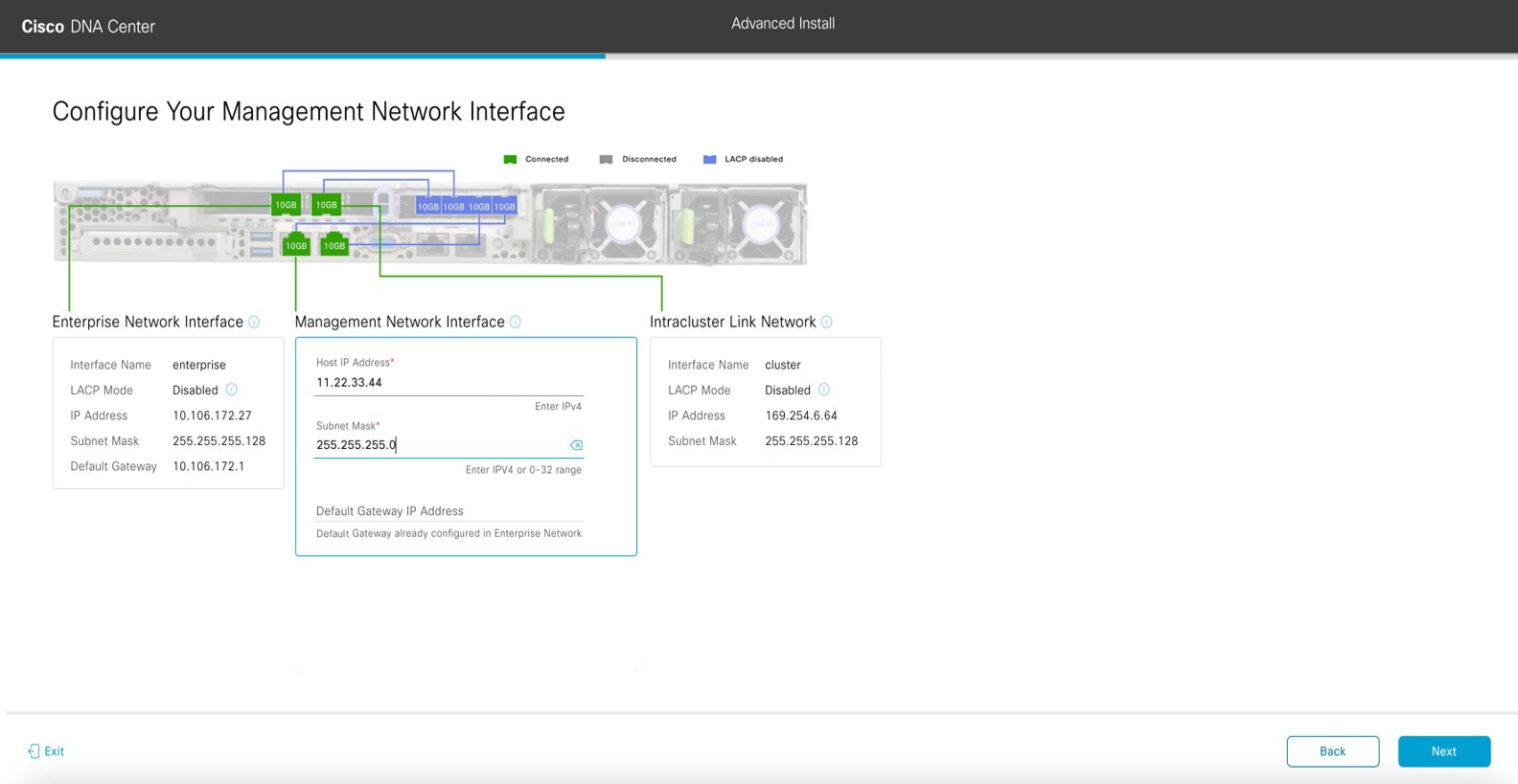 The Configure Your Management Network Interface screen displays the optional step to enter configuration values for the Management port.