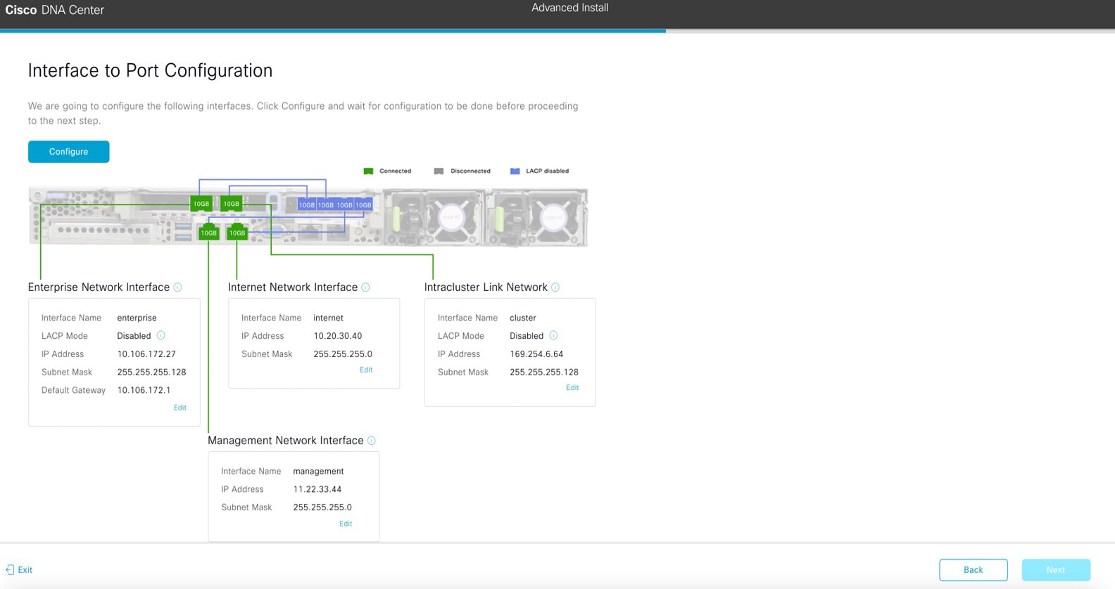 The Interface to Port Configuration screen displays the step to review the entered values for the secondary node’s interfaces.