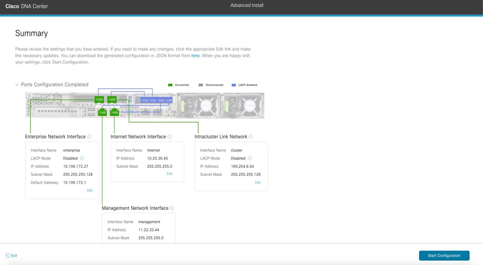 The Summary screen displays the step to review all the entered settings before starting the configuration.