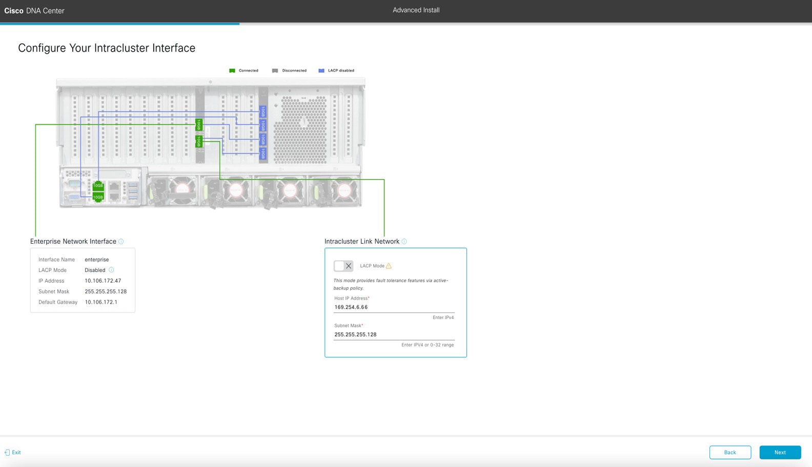 The Configure Your Intracluster Interface screen displays the step to enter configuration values for your Intracluster interface.