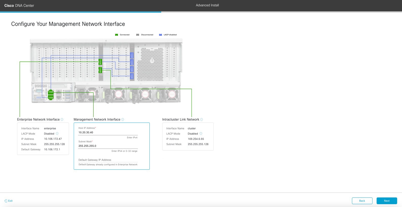 The Configure Your Management Network Interface screen displays the optional step to enter configuration values for the Management port.