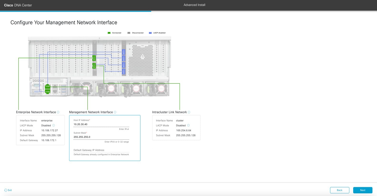 The Configure Your Management Network Interface screen displays the optional step to enter configuration values for the Management port.