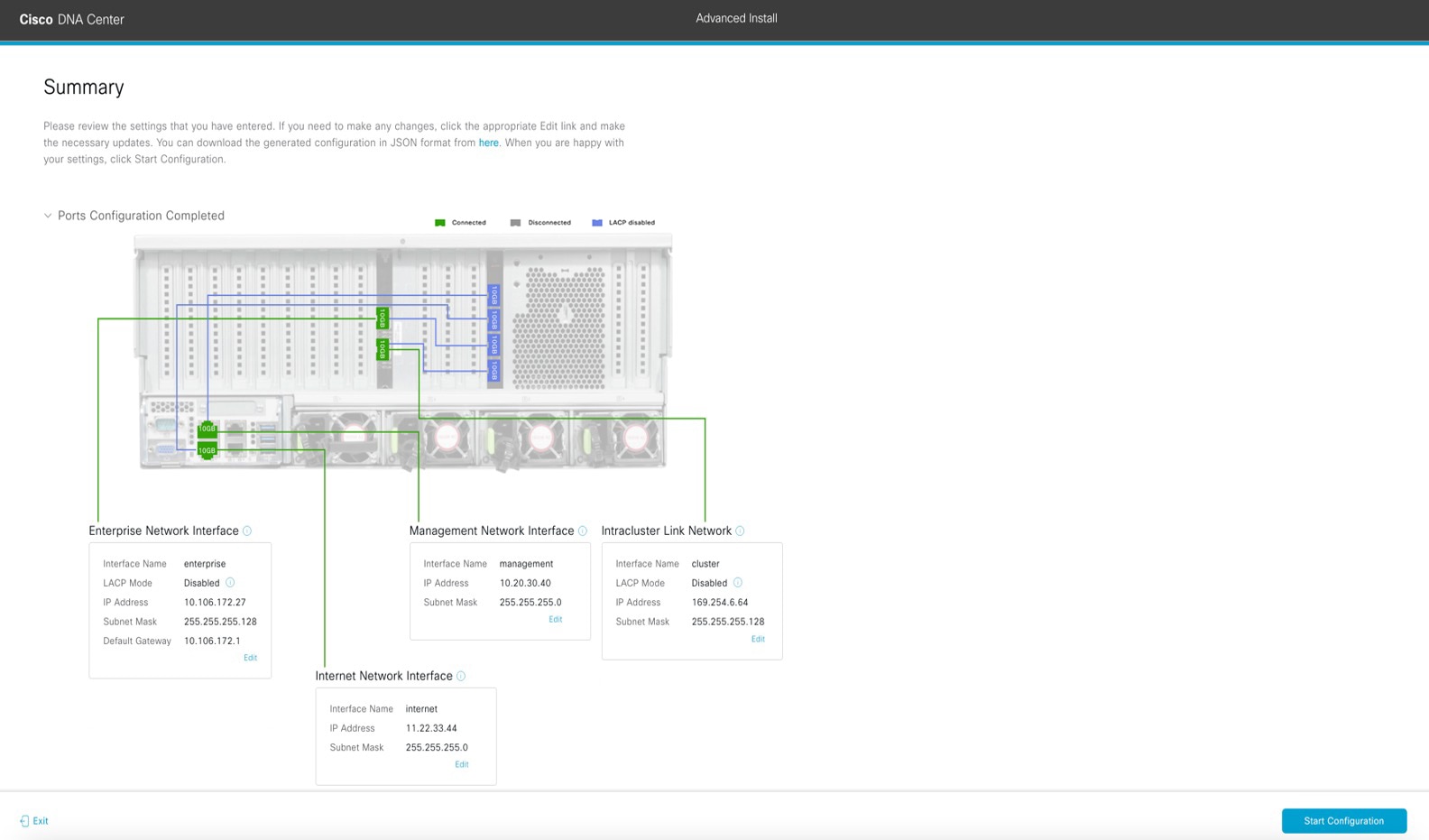 The Summary screen displays the step to review all the entered settings before starting the configuration.