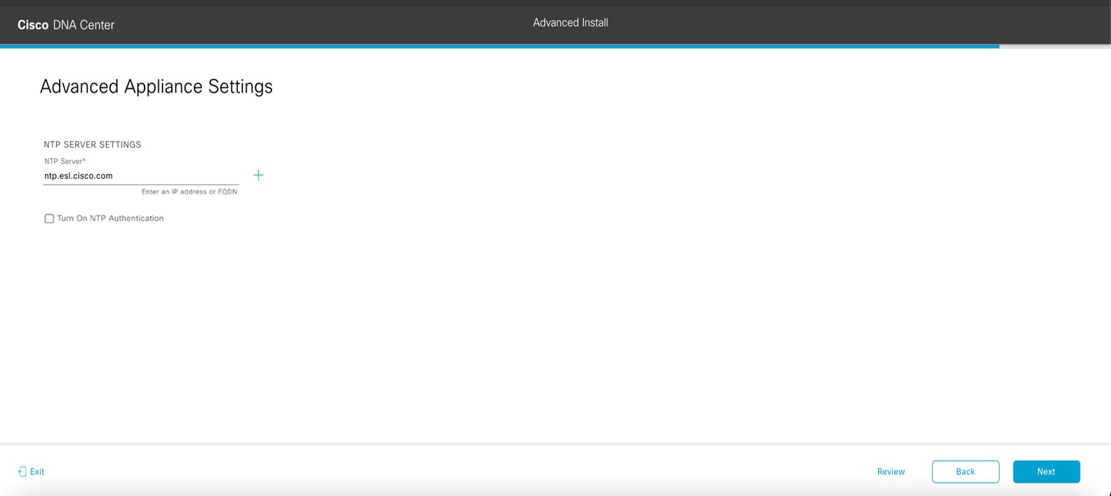 The Advanced Appliance Settings screen displays the step to enter configuration values for your cluster.