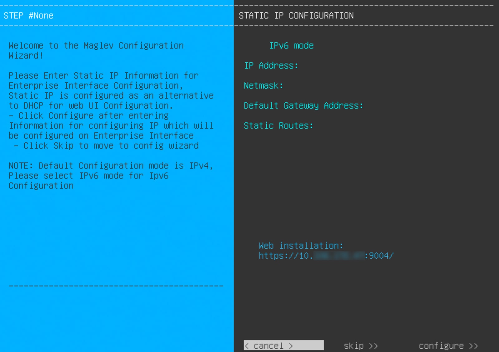 The KVM console displays the Static IP Configuration screen with the Skip and Configure options in the bottom-right corner.