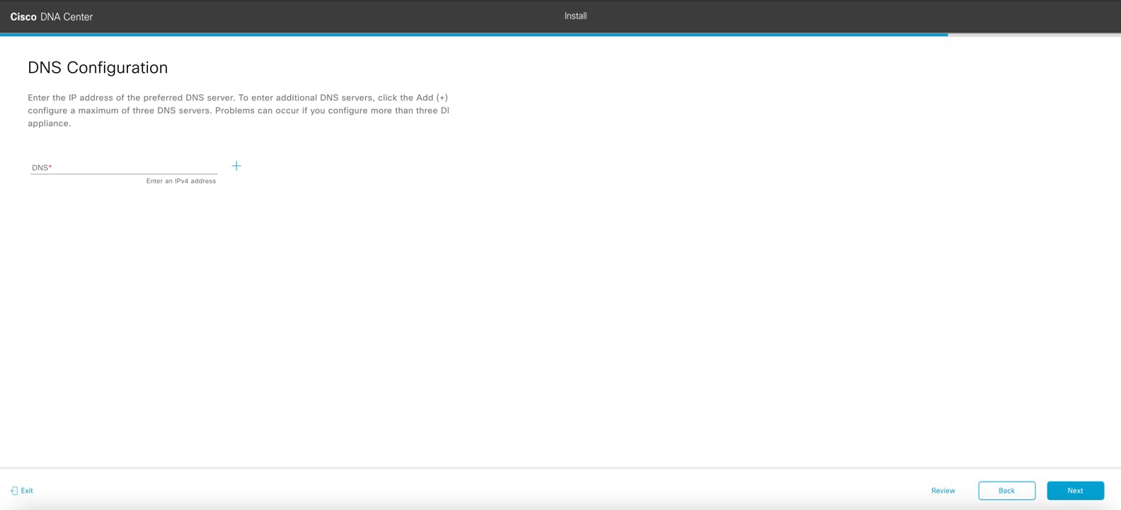 The DNS Configuration screen displays the step to configure a DNS server.