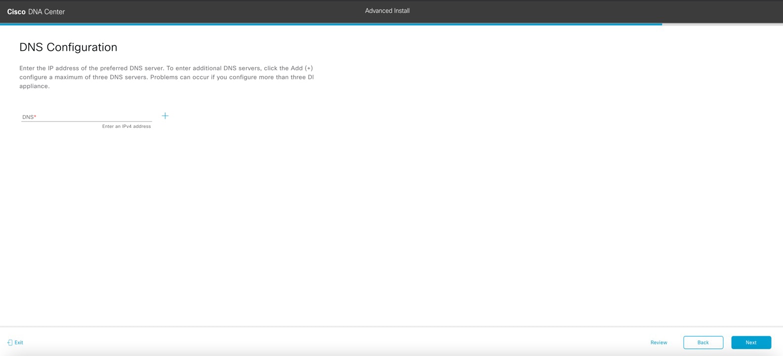 The DNS Configuration screen displays the step to enter the preferred DNS server’s IP address and the option to add more DNS servers.