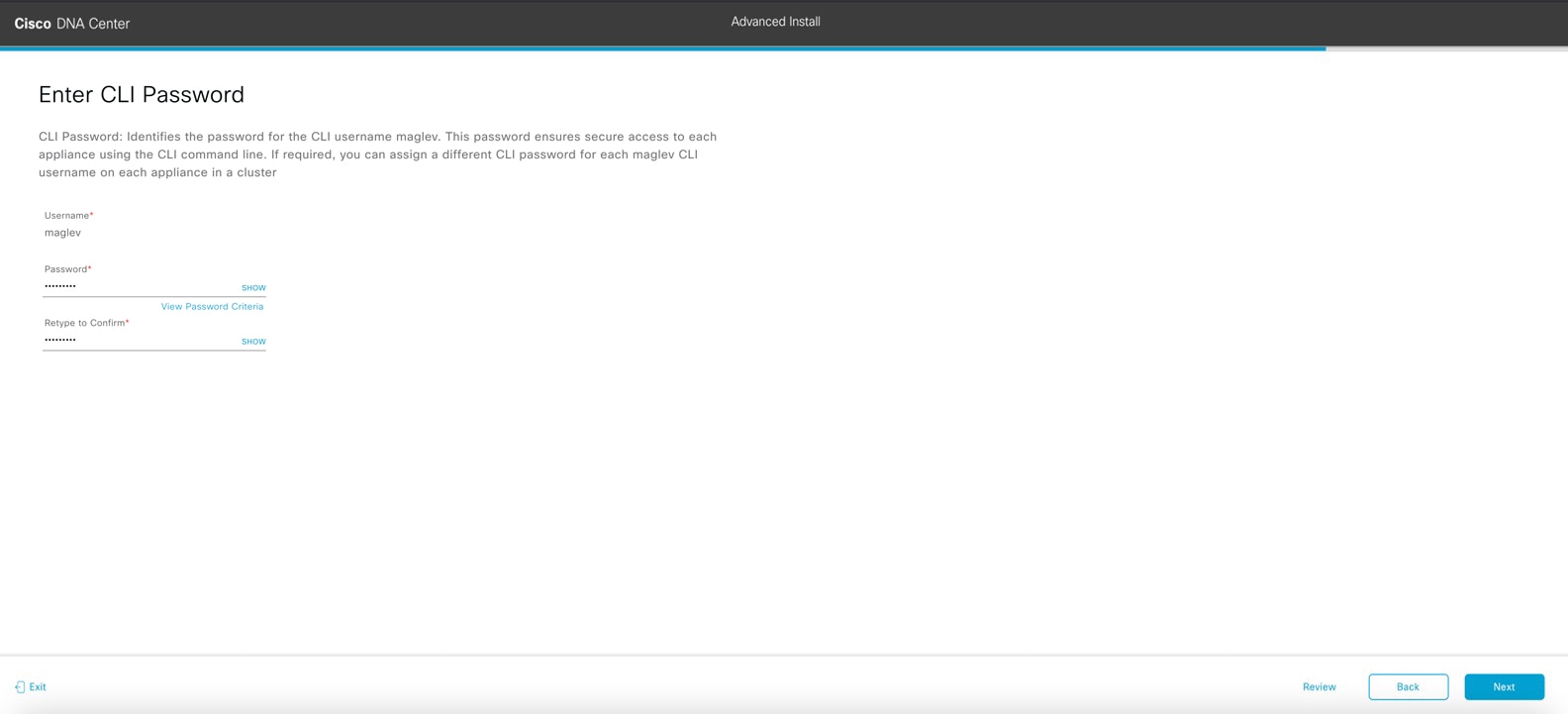 The Enter CLI Password screen displays the step to enter the password for the Maglev user.