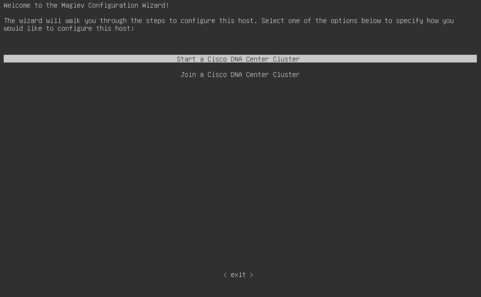 The Maglev Configuration wizard displays two Cisco DNA Center cluster options for how you would like to configure the primary node.