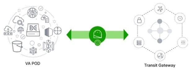 VA ポッドと TGW 間の接続は、接続されていることを意味する緑色になっています。