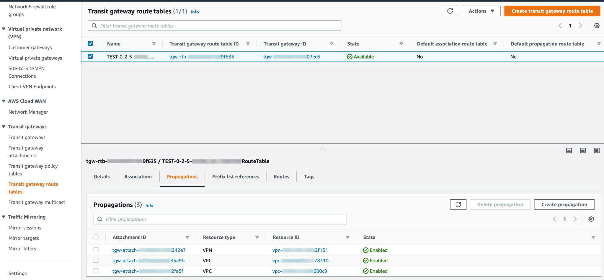 In the Transit gateway route tables window, the Create propagation button is in the upper-right corner of the Propagations pane.