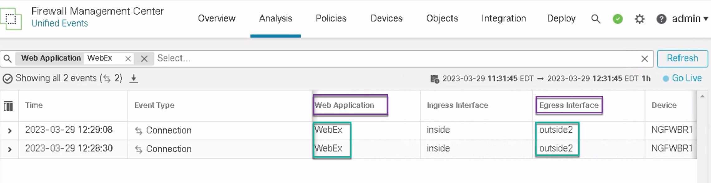 在图中，WebEx 应用流量通过 outside2 接口发出，因为在“统一事件”(Unified events) 页面上可以看到 outside3 接口上存在丢包。