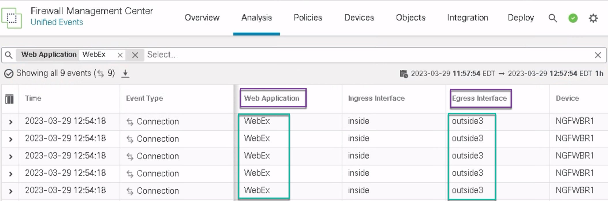 在图中，WebEx 应用流量通过 outside3 接口发出，如“统一事件”(Unified events) 页面所示。