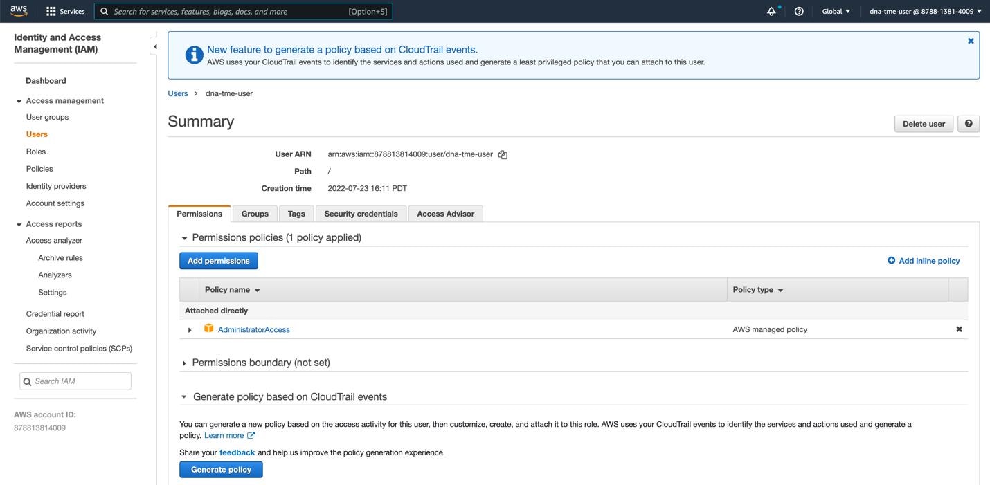 In the AWS Identity and Access Management (IAM) dashboard, you can find user permission policies. The administrator access policy displays as "AdministratorAccess".