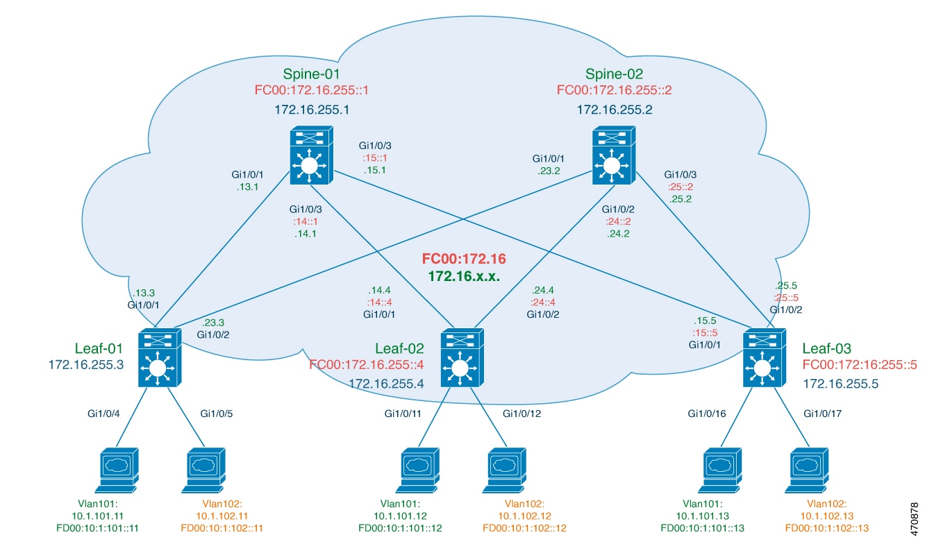 Topology showing BGP EVPN VXLANv6 fabric with dual stack in the underlay.