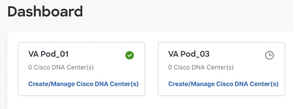 [Create/Manage Cisco DNA Center(s)] は VA ポッドカードの下部にあります。
