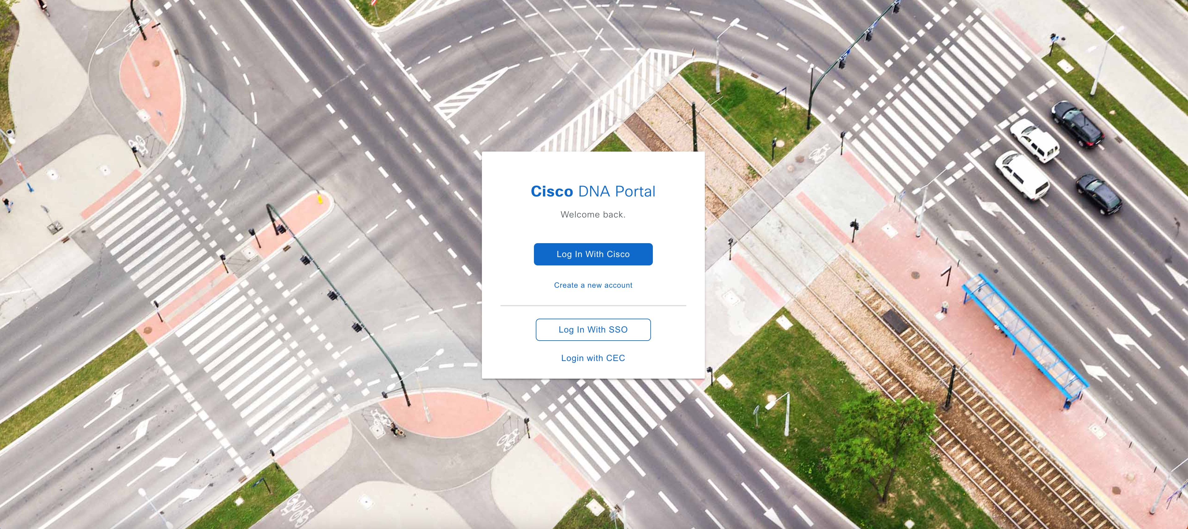 The Cisco DNA Portal login window displays the options to log in with Cisco or create a new account.