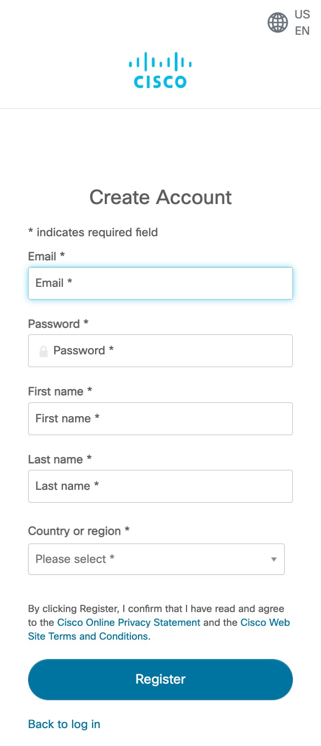 The Create Account window displays the required fields for you to complete so that you can register your Cisco account.