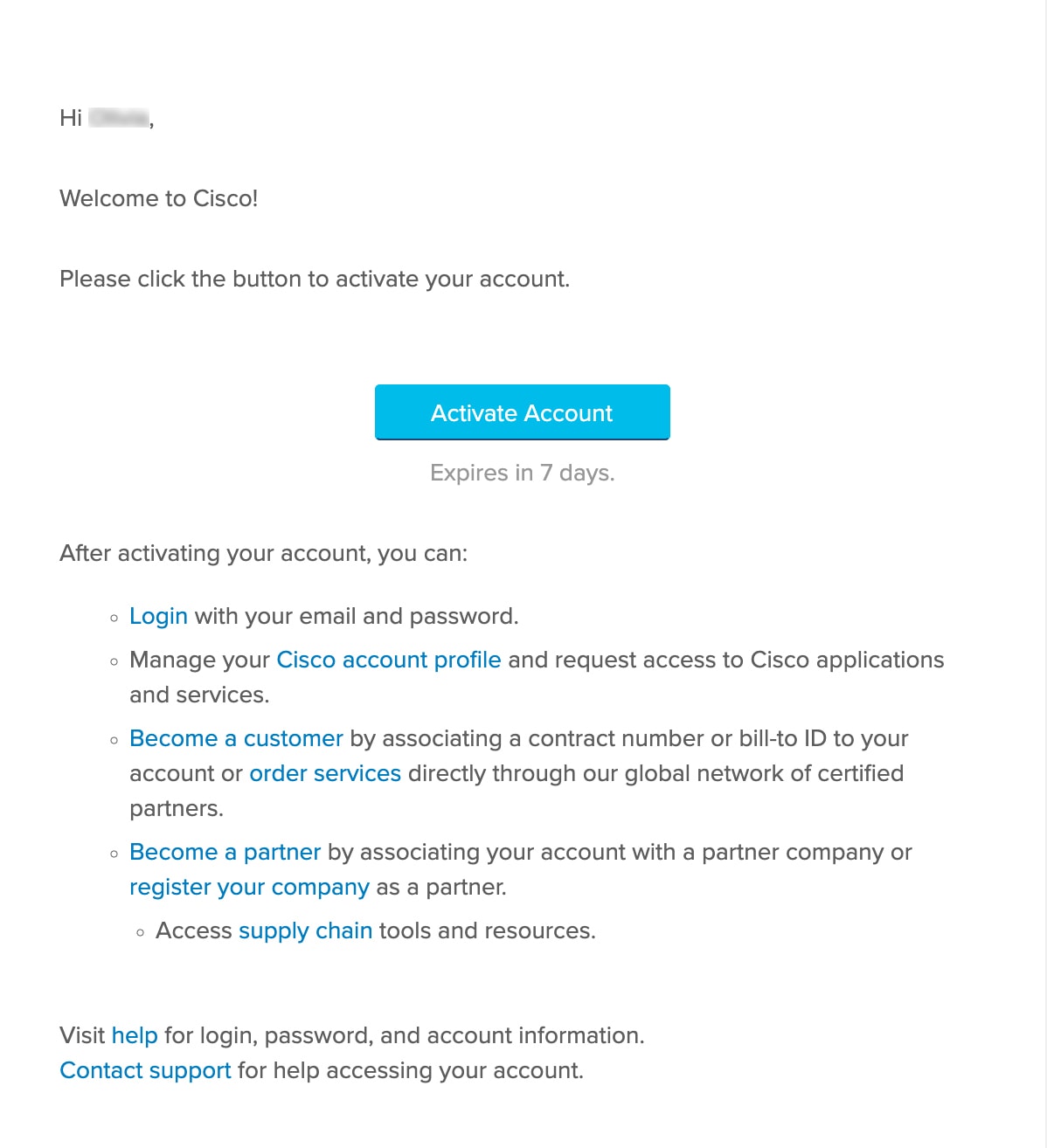 A Cisco email welcomes you to Cisco, requesting that you activate your account by clicking Activate Account.