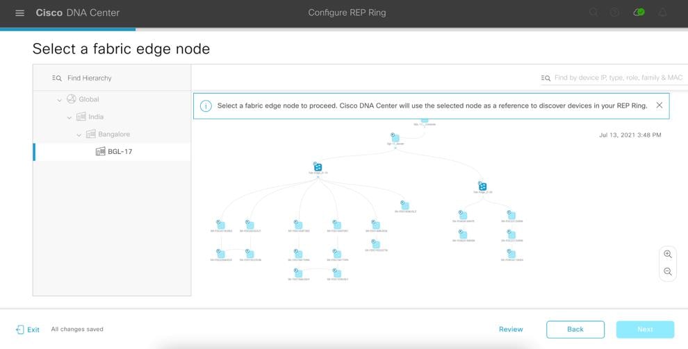 The Select a fabric edge node page displays the devices in a topology view.