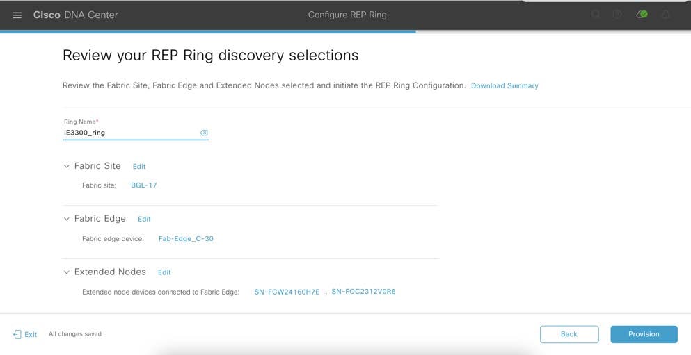 The Review your REP Ring discovery selections page displays a summary of the REP ring configuration.
