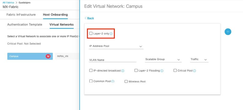 On the Edit Virtual Network: Campus slide-in pane, the Layer-2 only check box is at the top.
