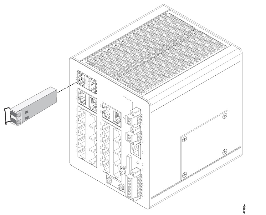 Image of SFP being positioned for insertion into SFP module slot on switch