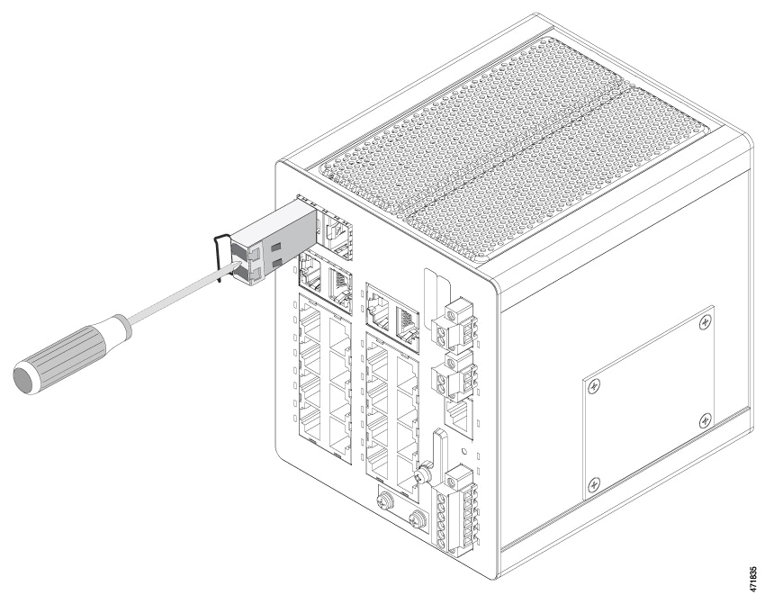 Images showing the opening of bale-clasp latch on an SFP module