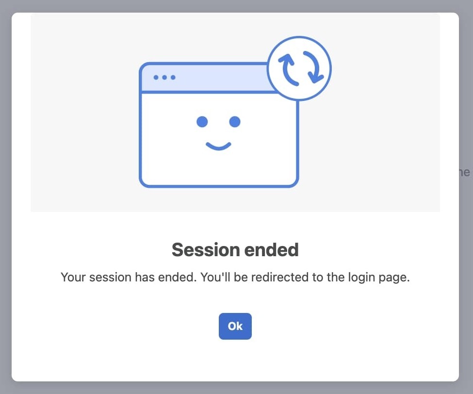 Your session has ended.（セッションが終了しました、） You'll be redirected to the login page.（ログインページにリダイレクトされます。）