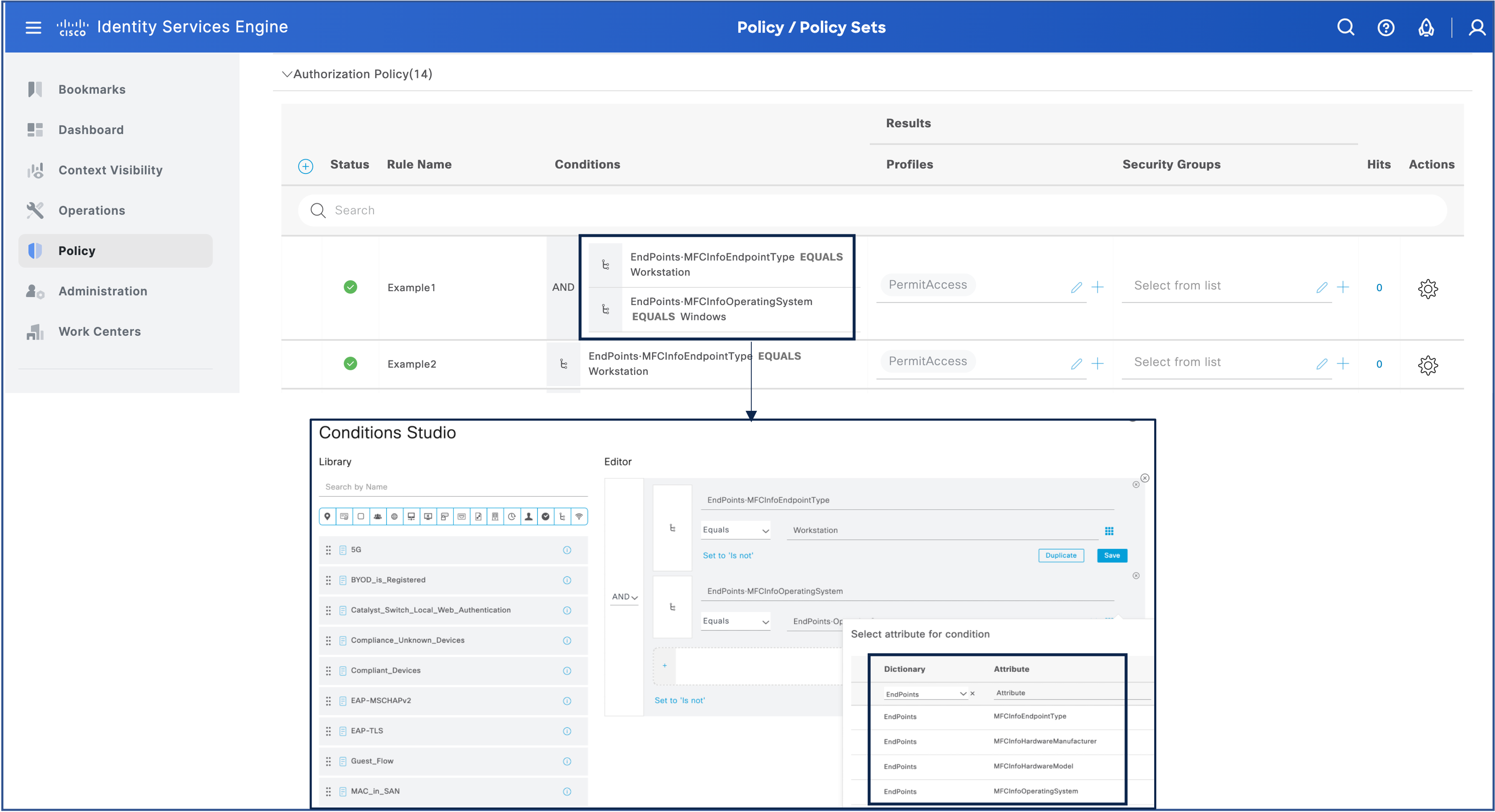 Authorization Policies with Conditions that use MFC endpoint attributes