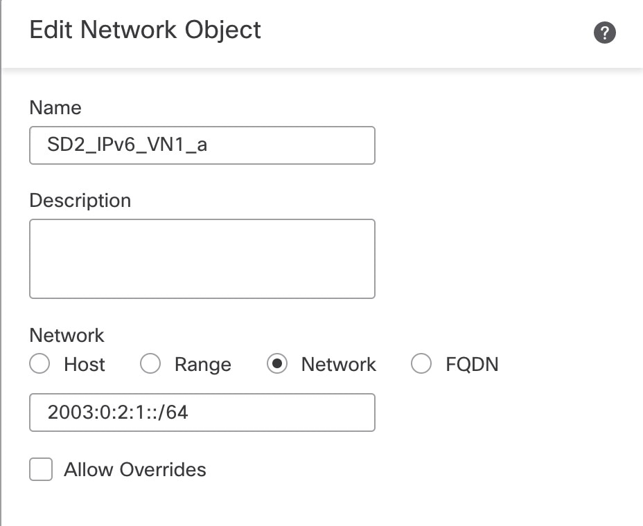 In the Edit Network Object area, the Name and Network fields are defined.