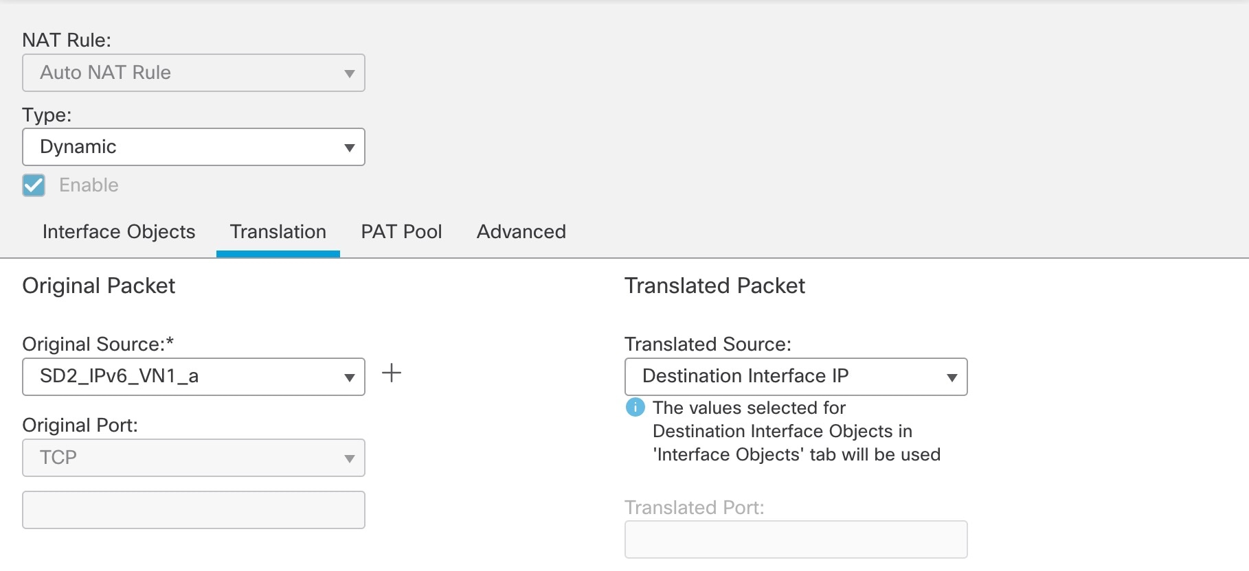 The Translation tab displays the Original Source and Translated Source drop-down lists, where you can configure the original source and translated source.