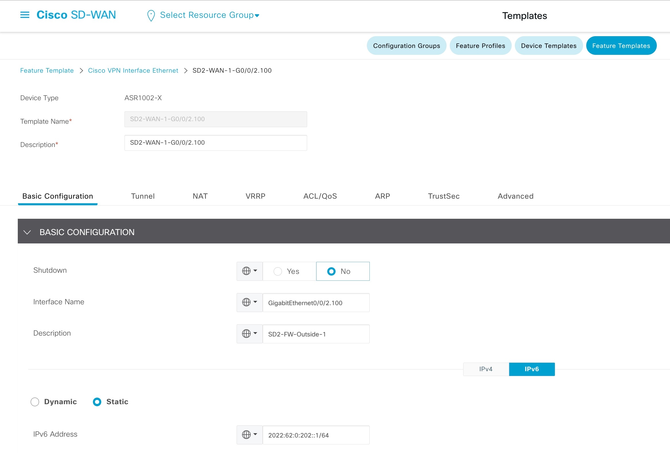 On the Cisco SD-WAN GUI, the Cisco VPN Interface Ethernet template displays the basic configuration options for firewall outside interface.