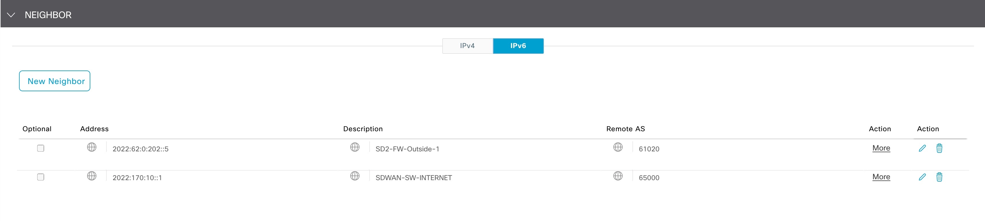 Cisco VPN インターフェイス イーサネット テンプレートの [NEIGHBOR] エリアで [IPv6] タブが選択されている状態で、[New Neighbor] ボタンをクリックして BGP ネイバーを作成できます。